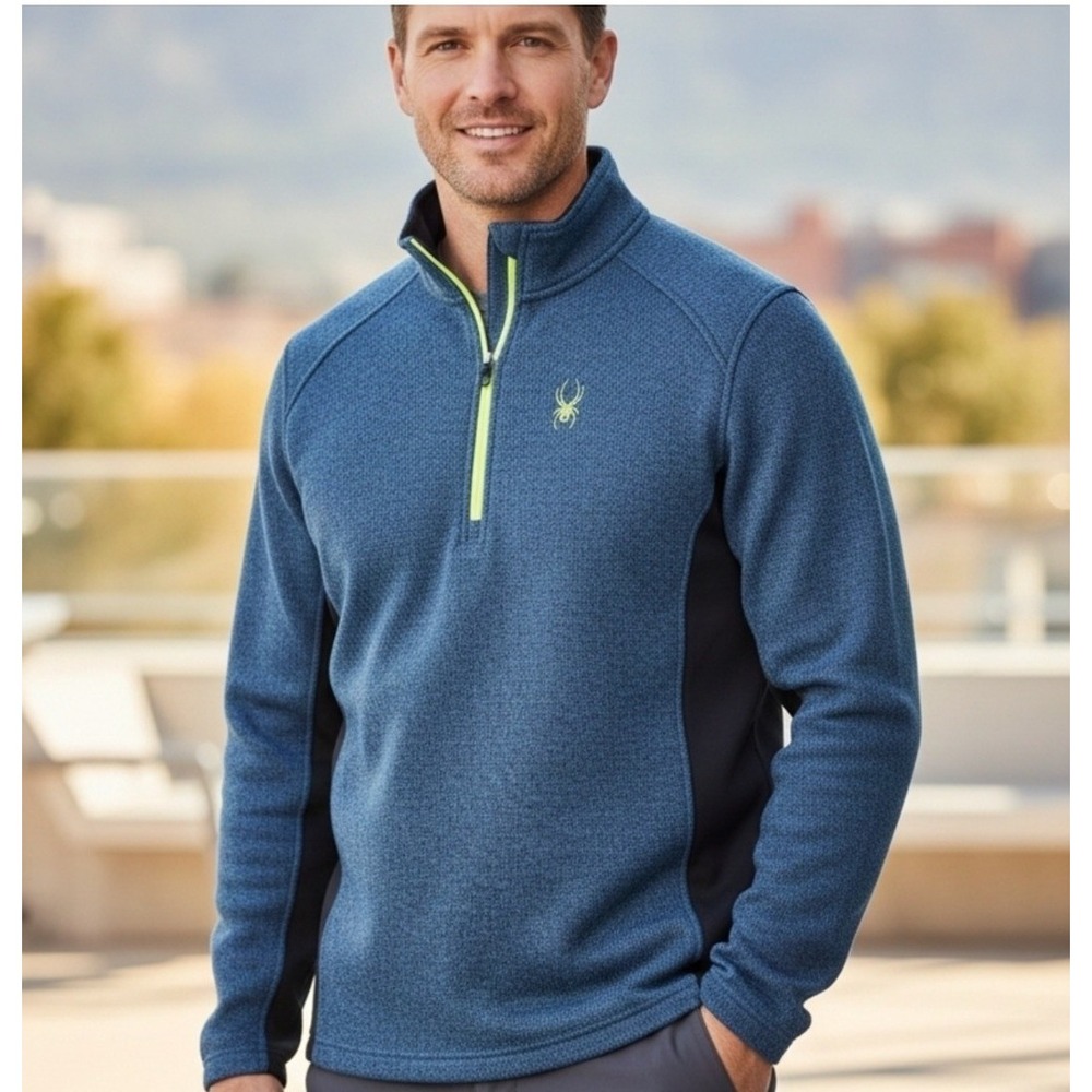 Spyder Mens Large Outbound 1/4 Zip Pullover Sweater Blue/Black Athletic Layering